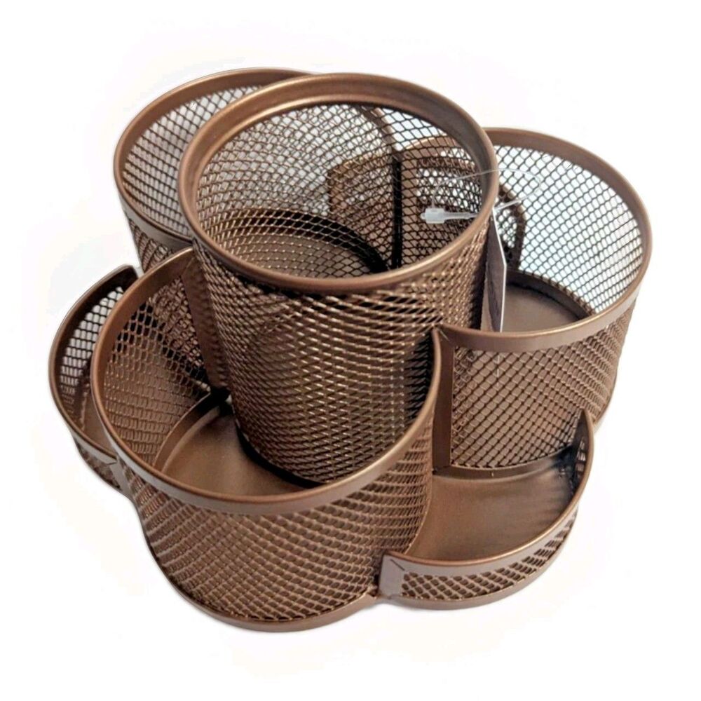 Brown Metal Mesh Desk Organizer 7 Compartments Rotating Makeup Storage Gift NEW